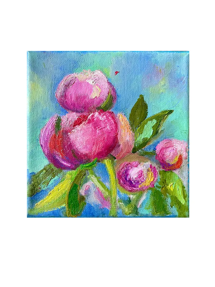 Peony oil painting on canvas, Small flower painting, Floral art