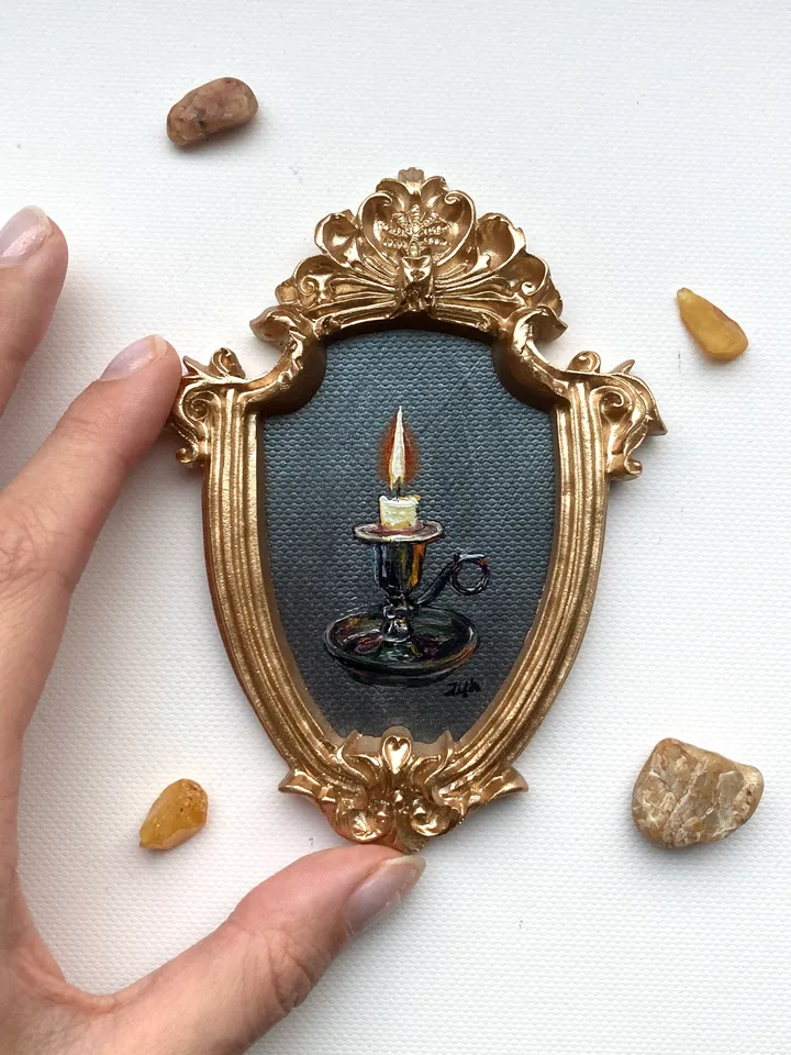 Candle Oil Painting Original In Vintage Style Frame Small Framed Still Life Art