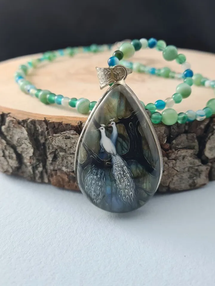 White peacock on labradorite gemstone pendant Miniature painting Necklace