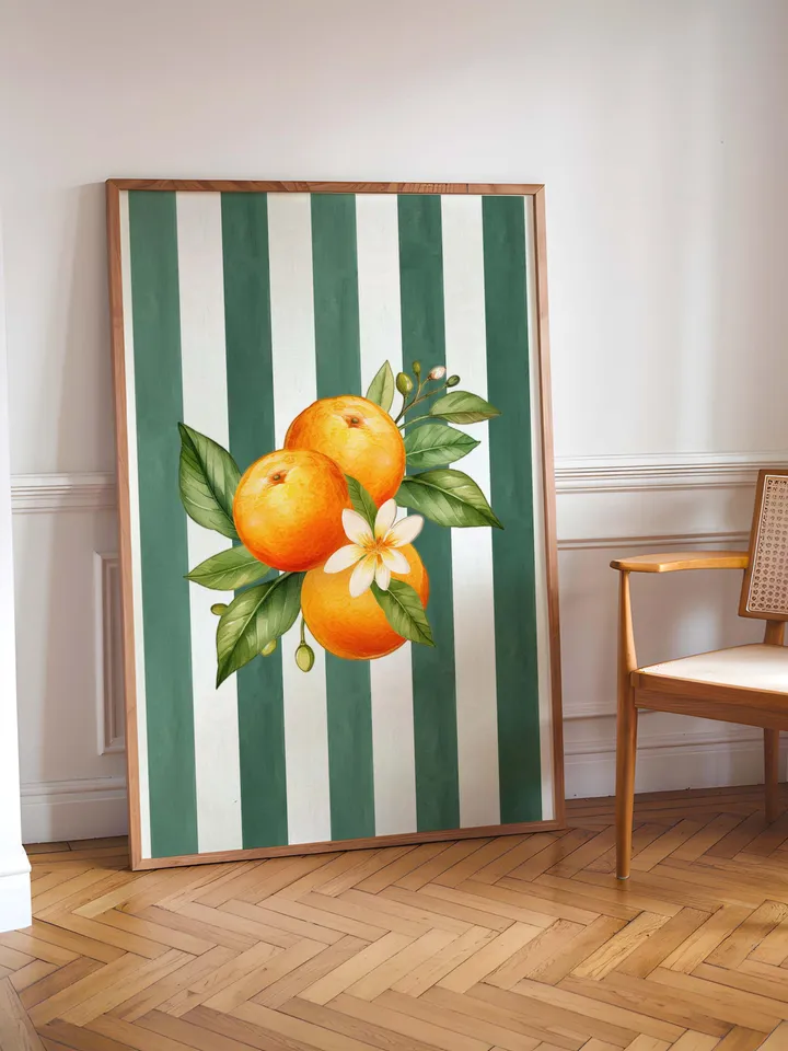 Orange Wall Decor, Orange Fruit Poster, Farmhouse Kitchen Art Painting, Kitchen Prints, Trendy Food Art, Retro Kitchen Art, Fruit Wall Decor