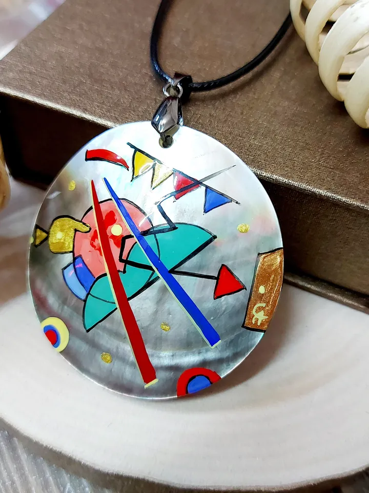 Pendant Kandinsky 2 Mother-of-pearl Hand-painted Russian jewelry magic of painting fine art jewelry Art gift Fedoskino Collectible