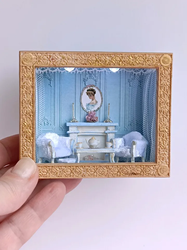 Roombox Miniature Dollhouse with Furniture 1/48 Blue Living Room