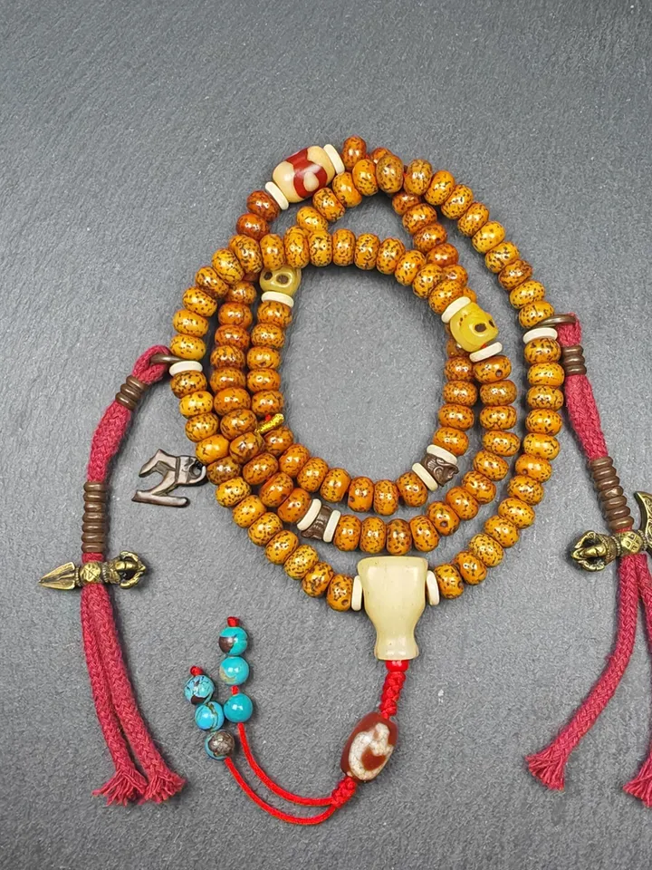 Authentic Tibetan Prayer Beads, Old 8+mm 108 Lotus Seed Mala Necklace - Handcrafted Tibetan Rosary with Unique Mix of Treasures