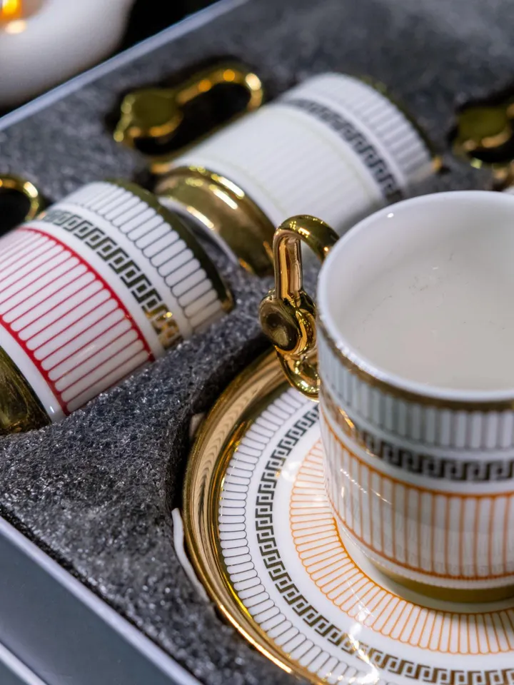 90 ml Creative Handle Elegant Orange & Gold Design Porcelain Coffee Cup Set | Luxurious Durable Cup Set Perfect Gift First Mothers Day Gift