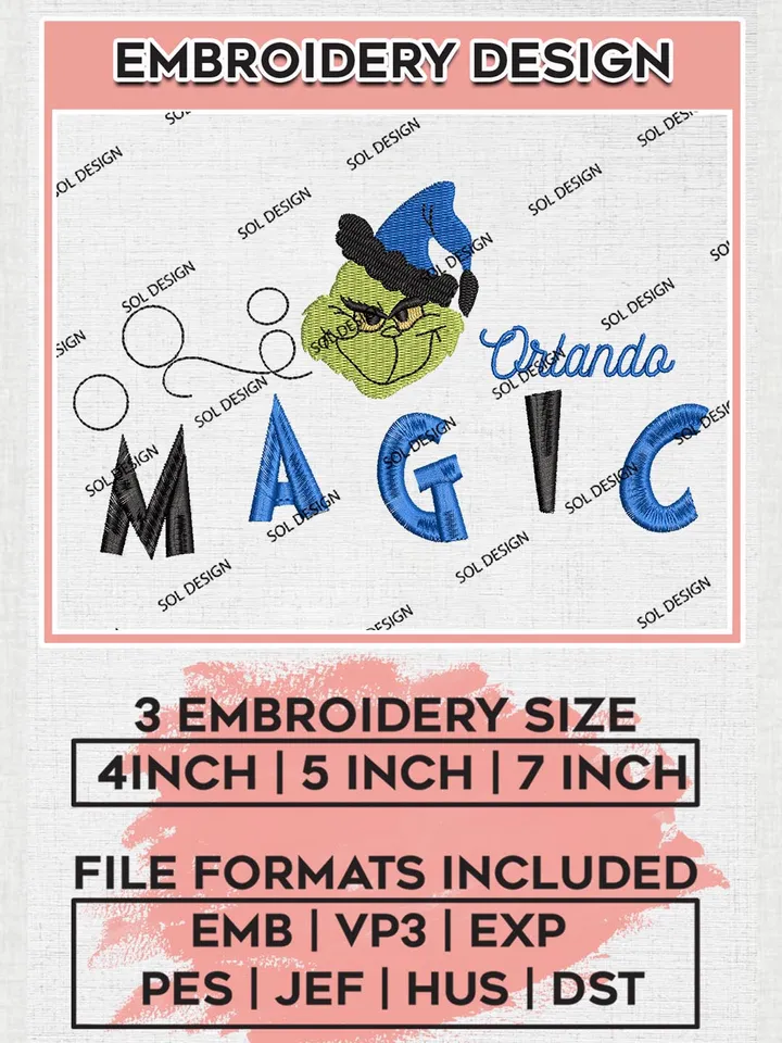 Grinch Orlando Magic Embroidery Designs, Grinch Christmas Embroidery Files, NBA Orlando Magic Machine Embroidery Designs, NBA Magic Logo, NBA Christmas Machine Embroidery Design, Digital Download