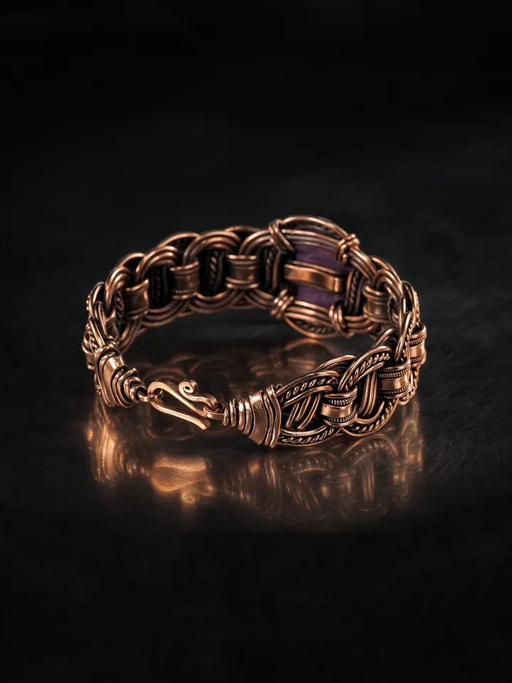 Copper wire wrapped bracelet with amethyst for lady Antique style WireWrapArt