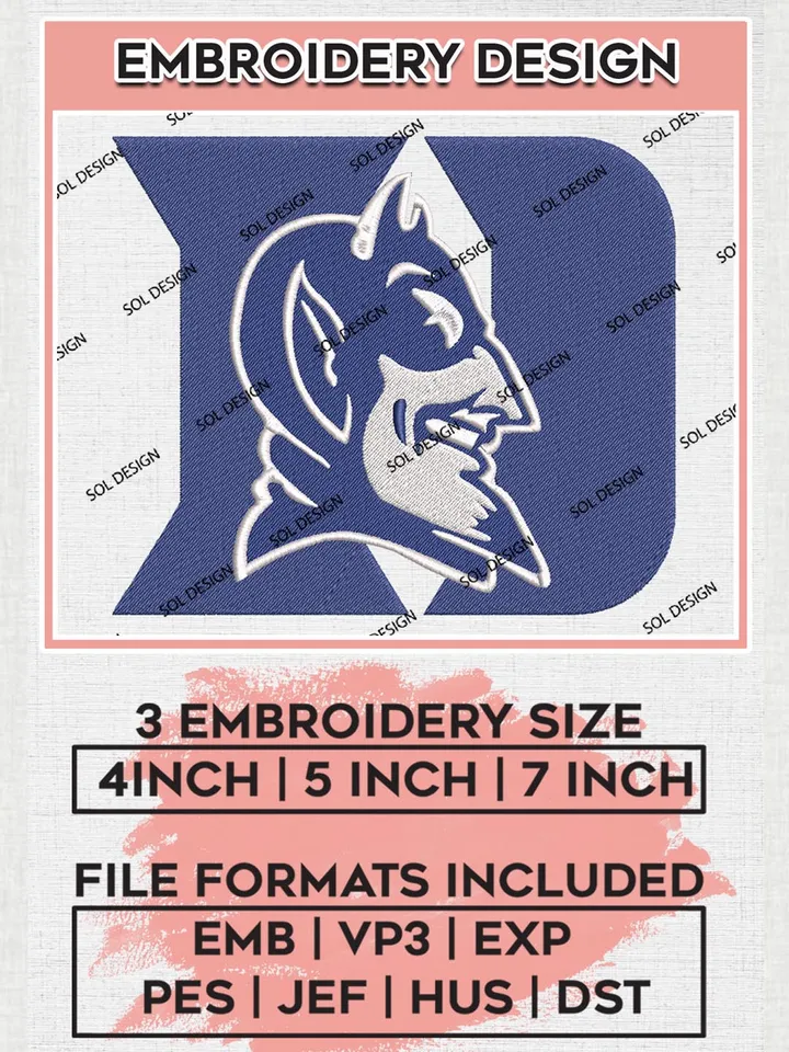Duke Blue Devils College Football Team Logo Embroidery Design Files, NCAA Duke Blue Devils Machine Embroidery, NCAA Teams, 3 sizes, NCAA Machine embroidery designs, Digital Download
