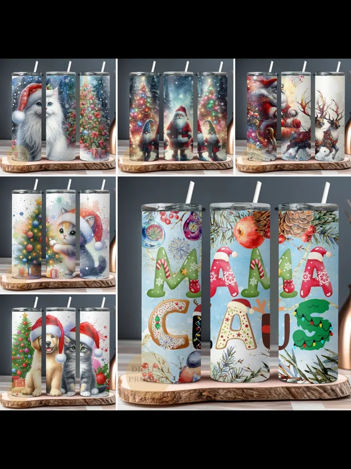 10 Christmas 20 Oz Tumbler Wrap png Bundle, Christmas Sublimation Designs for Tumblers, Santa with Sleigh, Christmas Gnomes with Santa Cat