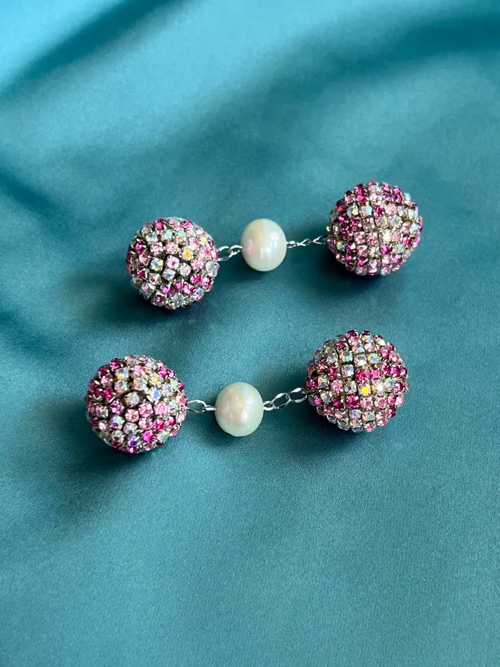 Crystal Balls and natural pearl on Chain Earrings