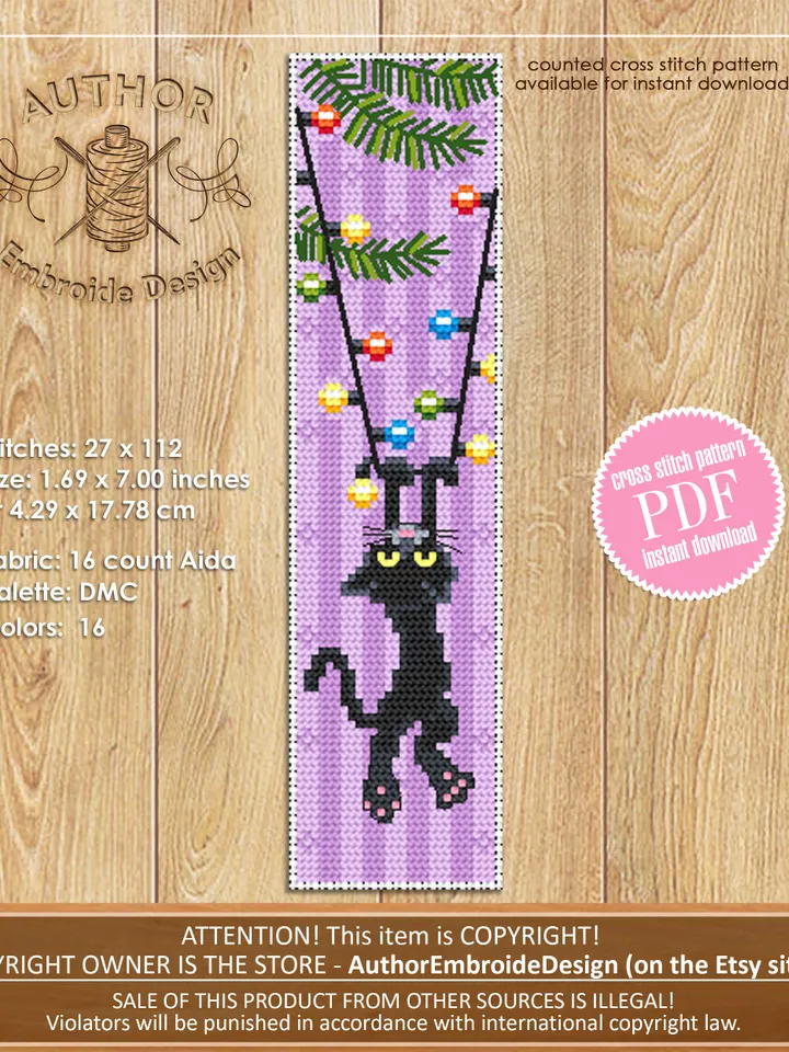 Christmas bookmark cross stitch pattern download PDF, Funny handmade bookmark digital PDF, Black cat cross stitch, Christmas garland #B95