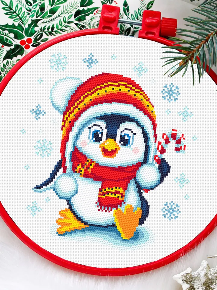 Cute baby penguin cross stitch pattern download PDF, Christmas cross stitch, Easy beginner stitch, Christmas penguin hand embroidery #N63