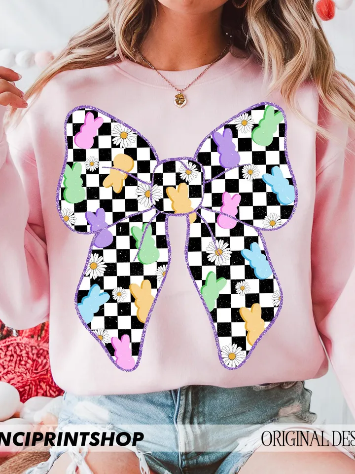 Checkered easter bow png, Easter Coquette Bow png, Easter png, Easter Bunny png, Retro Easter png, Floral Spring bow png, Easter shirt png