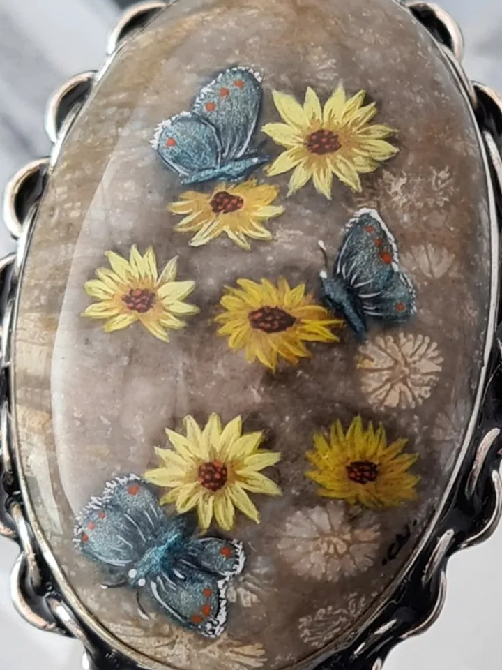 Daisies and blue moths ring Coral stone ring Stone painting