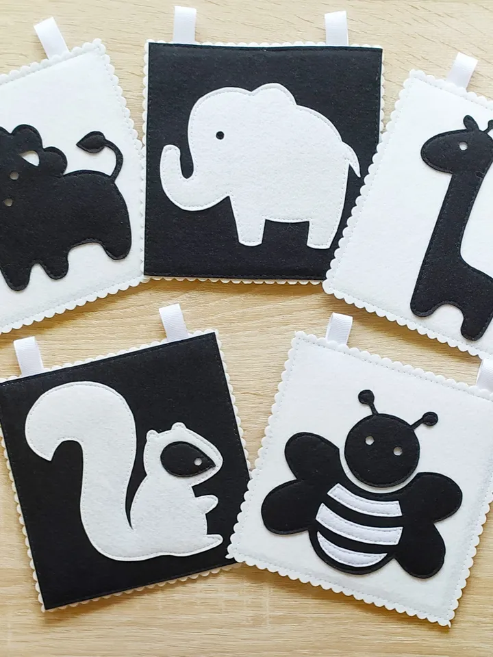 Infant Stimulation Contrasting Pattern, High Contrast quiet book pattern, Black and white felt cards for baby, Montessori newborn pdf