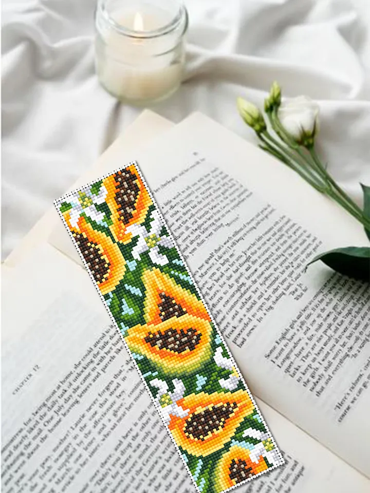 Tropical fruit bookmark cross stitch pattern PDF download Papaya cross stitch chart, Digital bookmark pattern, Easy handmade bookmark #B155