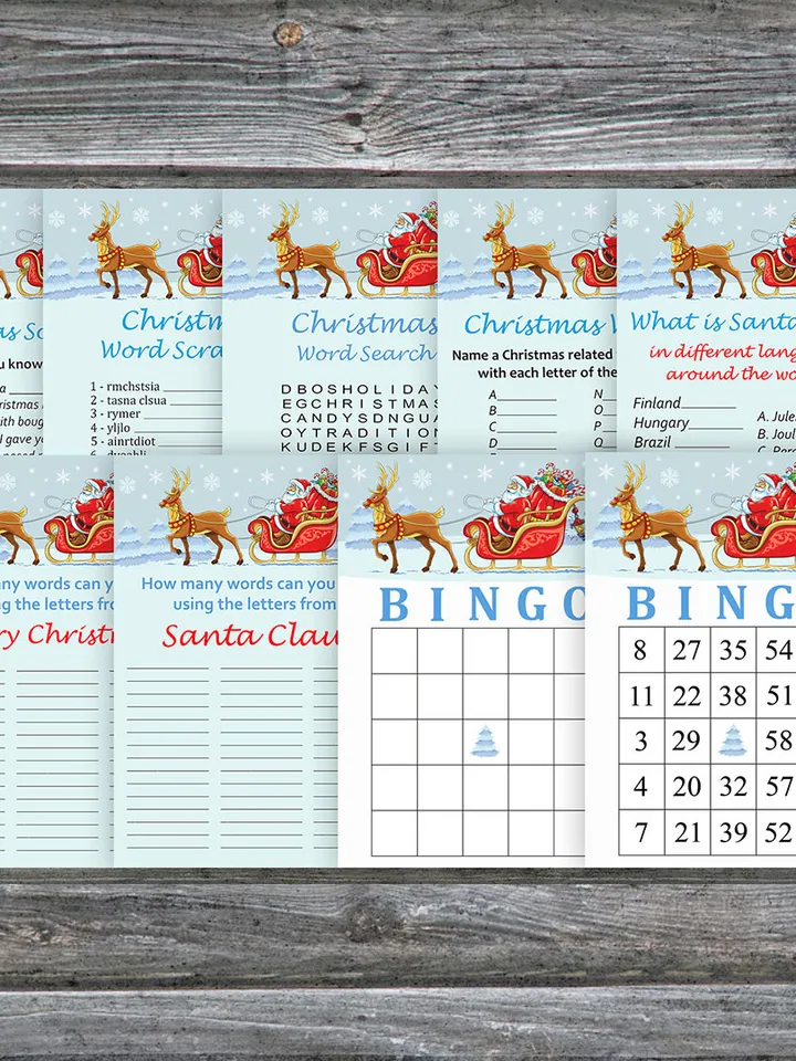 Christmas party games bundle,Printable Christmas Party Game Pack,Santa claus and reindeer Christmas Trivia Game Cards