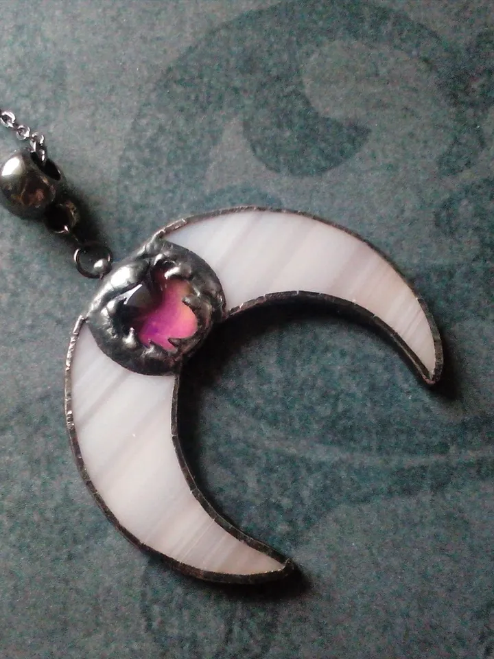 Stained glass moon, Mood stone crescent, Moon phase necklace, Stainglass crescent, Full moon