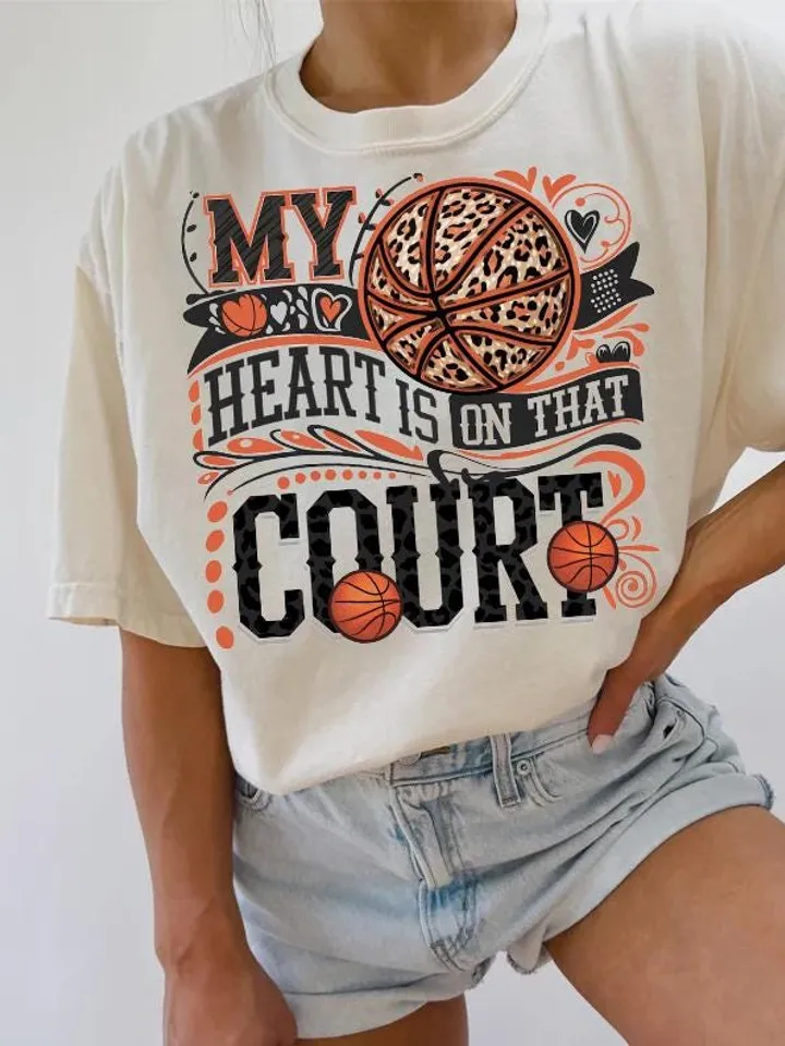 My heart is on that Court Basketball PNG Game Day Tshirt Design Leopard Heart Basketball Mom Mama Sublimation Design Digital Download File