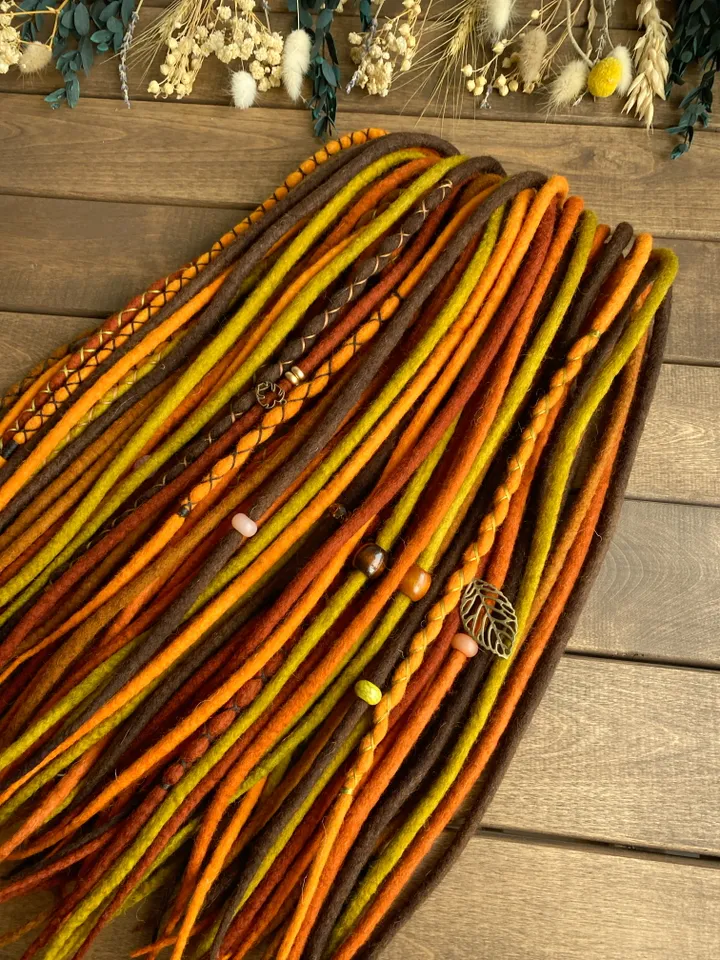 Wool Brown orange mustard green pumpkin, rust red copper Double Ended dreadlocks, Ready to ship
