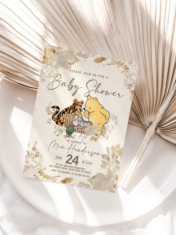 Classic Winnie Pooh Baby Shower Invitation; Pooh Baby Shower Editable Template; Neutral Flowers Baby Shower; Baby Shower trend of 2023