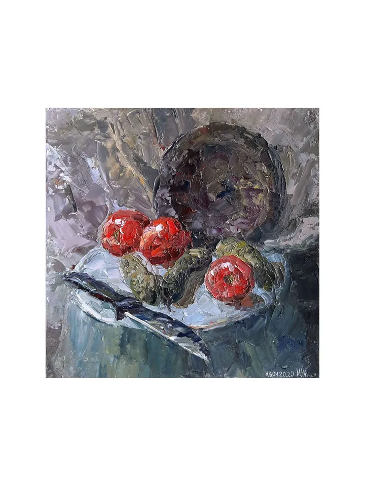 Tomato Cucumber PAINTING 8,8x8,9" ORIGINAL ART Vegetable Still Life Kitchen Artwork Signed by artist Marina Chuchko