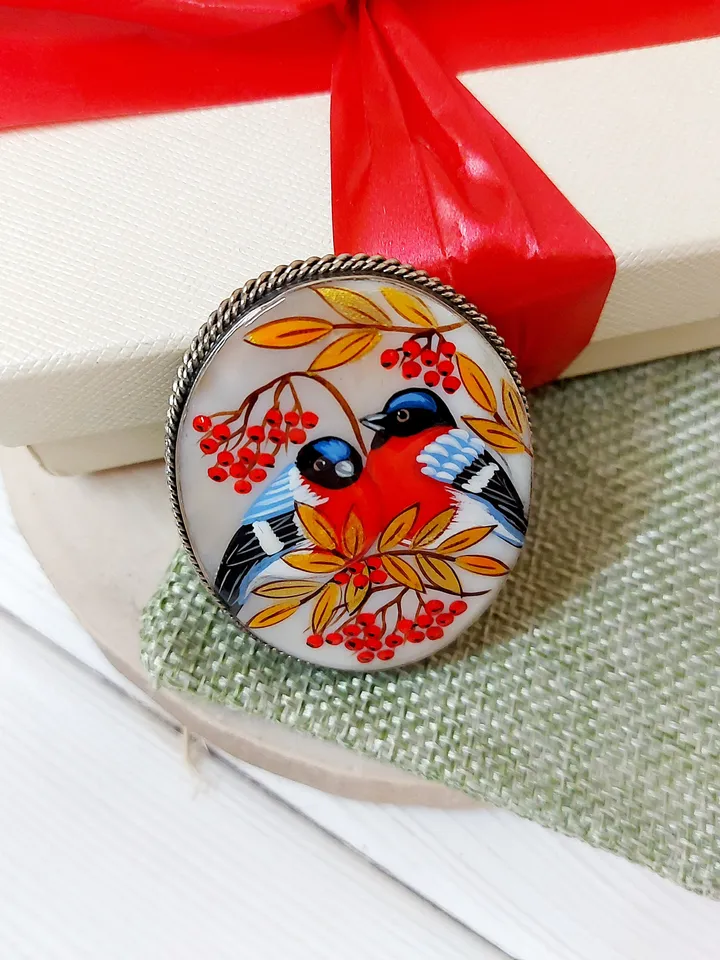 Brooches for women: Red bird couple pin • handmade jewelry painted on mother of pearl • bullfinch bird painted on statement brooch