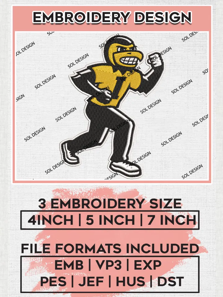 Funny Iowa Hawkeyes College Team Mascot Logo Embroidery Design Files, NCAA Iowa Hawkeyes Machine Embroidery, NCAA Teams, 3 sizes, NCAA Machine embroidery designs, Digital Download