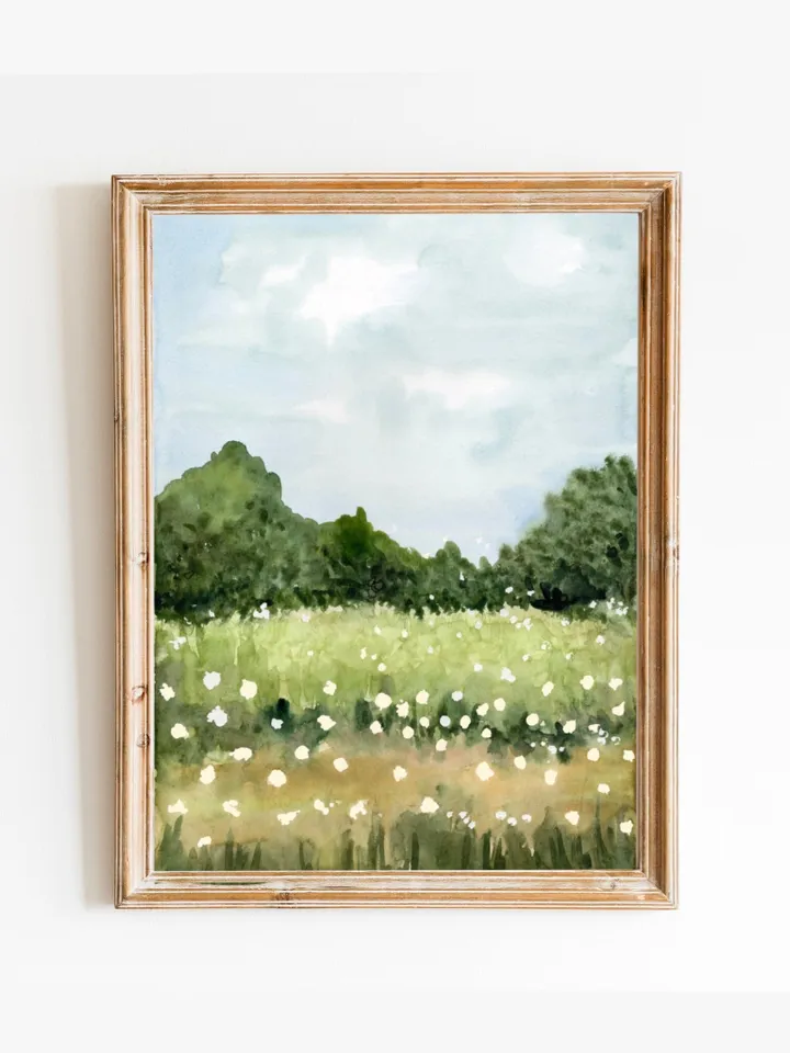 Wildflowers Landscape, Watercolor Painting Print, Meadow Wall Art, French Country Print, Field Painting, Rustic Home Decor,Flowers Landscape