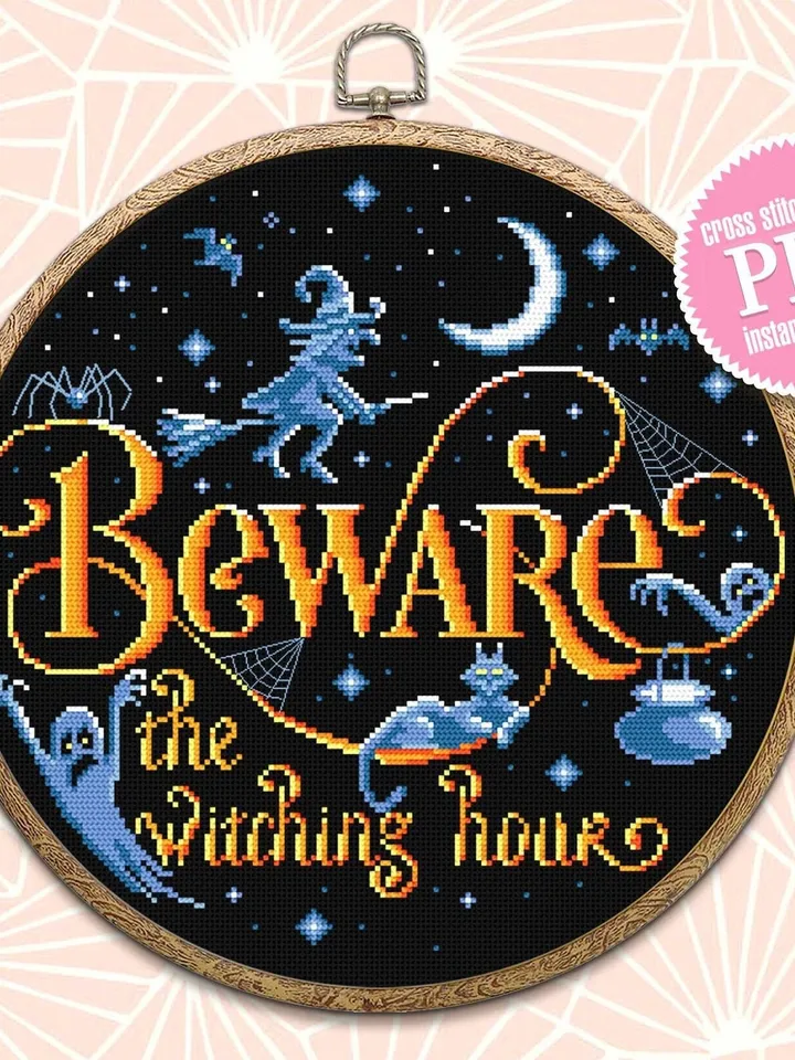 Halloween quotes cross stitch pattern download PDF, Witch cross stitch chart, Beware the witching hour, Halloween pattern digital PDF #H38
