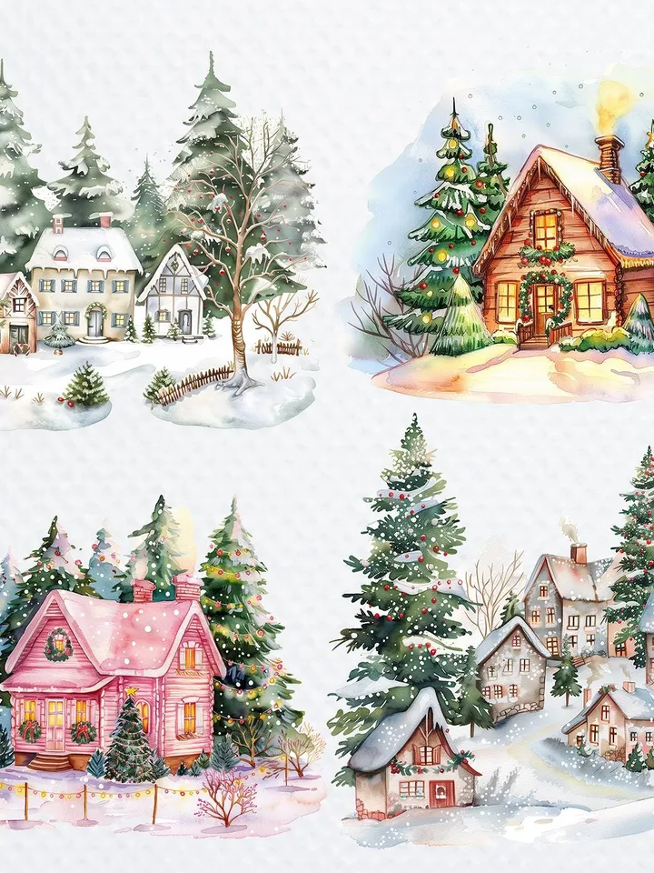 20 Christmas House PNG Bundle, Christmas Card Clip Art, Printable Watercolor Winter House clipart for sublimation, Paper craft, junk journal
