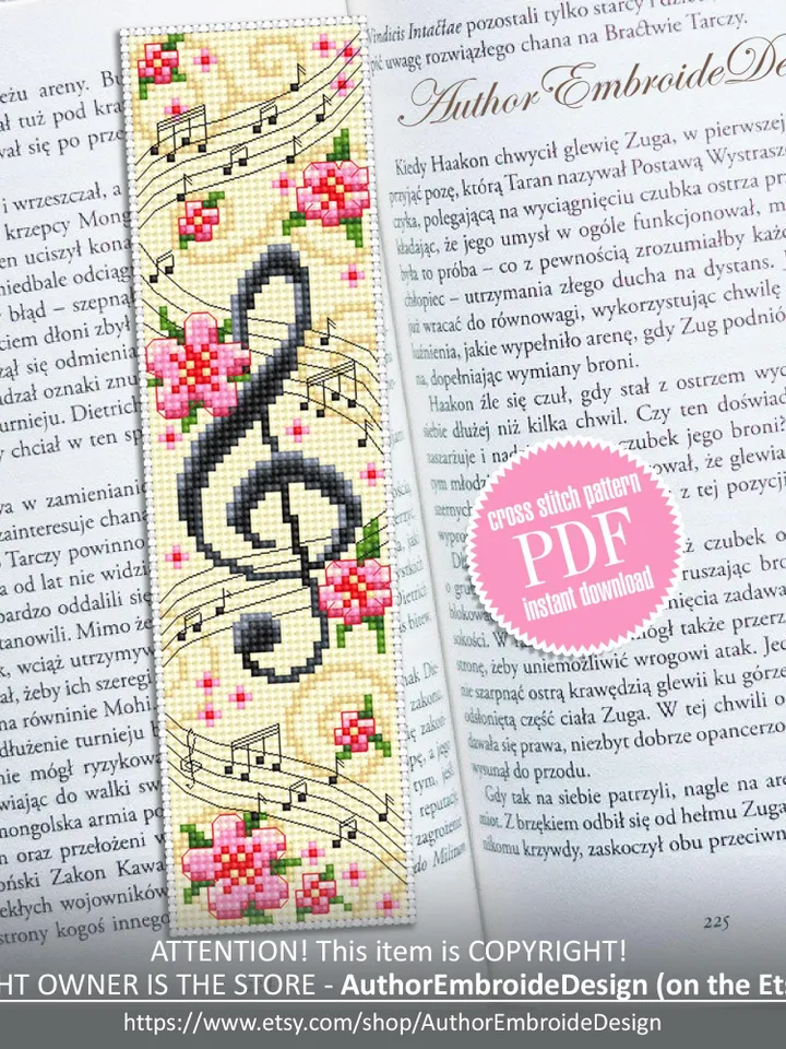 Music bookmark cross stitch pattern PDF download Treble clef cross stitch chart, Flower bookmark pattern digital PDF, Music key notes #B407
