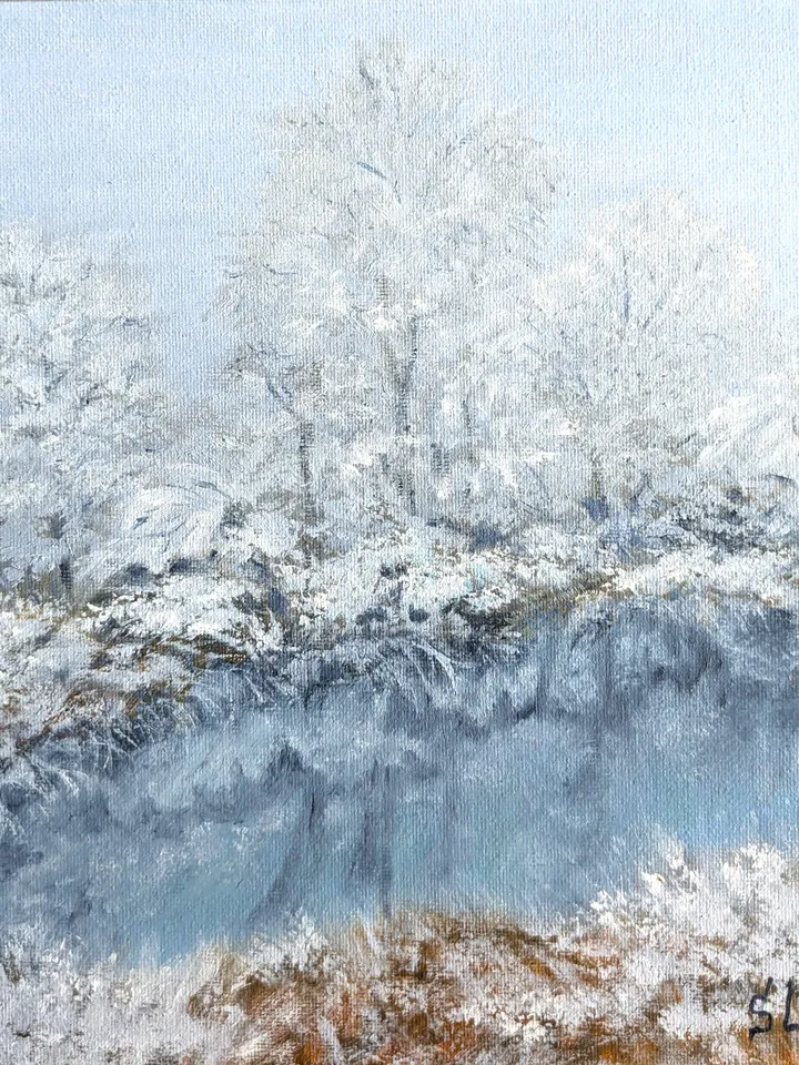 Painting winter landscape original art wall art canvas on cardboard 10x10 inches, oil paints