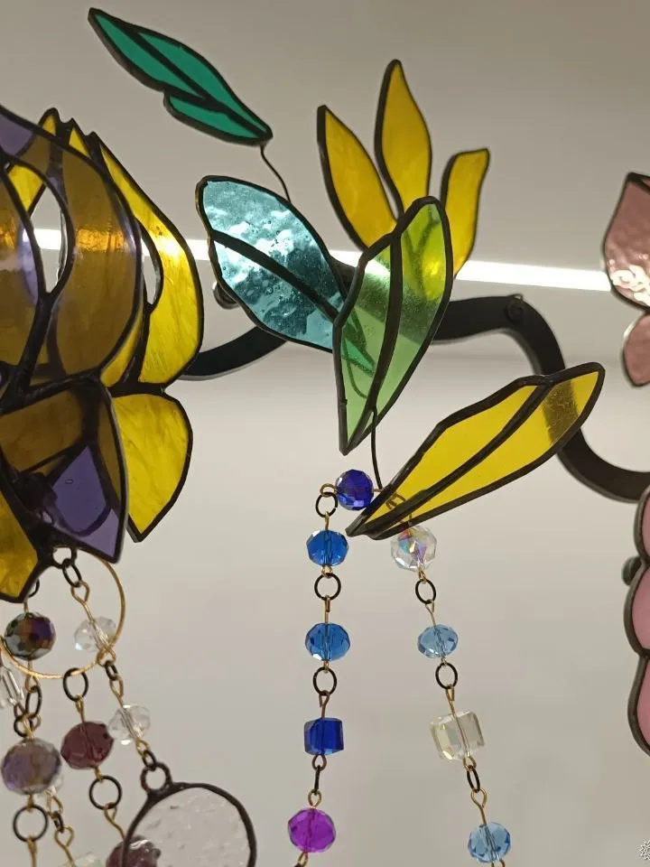 Large 3D Stained Glass Branch with Beaded Garlands, Large 3D Branch with Glass Bead Garlands, Large 3D Stained Glass Branch with Beaded Garlands, Artistic Glass Flower Stem with Beads, Fantasy-Inspired 3D Floral Glass Sculpture, Handcrafted Stained Glass