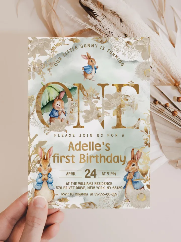 Editable Peter Rabbit invitation template for 1st Baby Birthday party in Peter Rabbit style instant download and unlimited access pr888