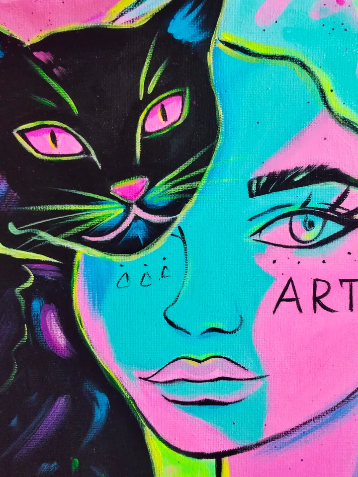 "Cat girl" neon painting, Original Acrylic Art