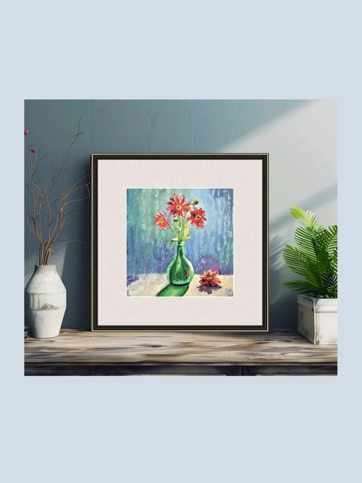 Original Oil Painting Red Flowers in Vase Artwork Floral Mini Art Bold Red Blooms for Home Decor