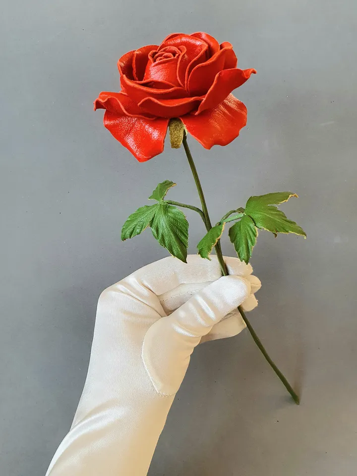 Red leather rose long stem 3rd anniversary gift for her, Leather flower living room decor