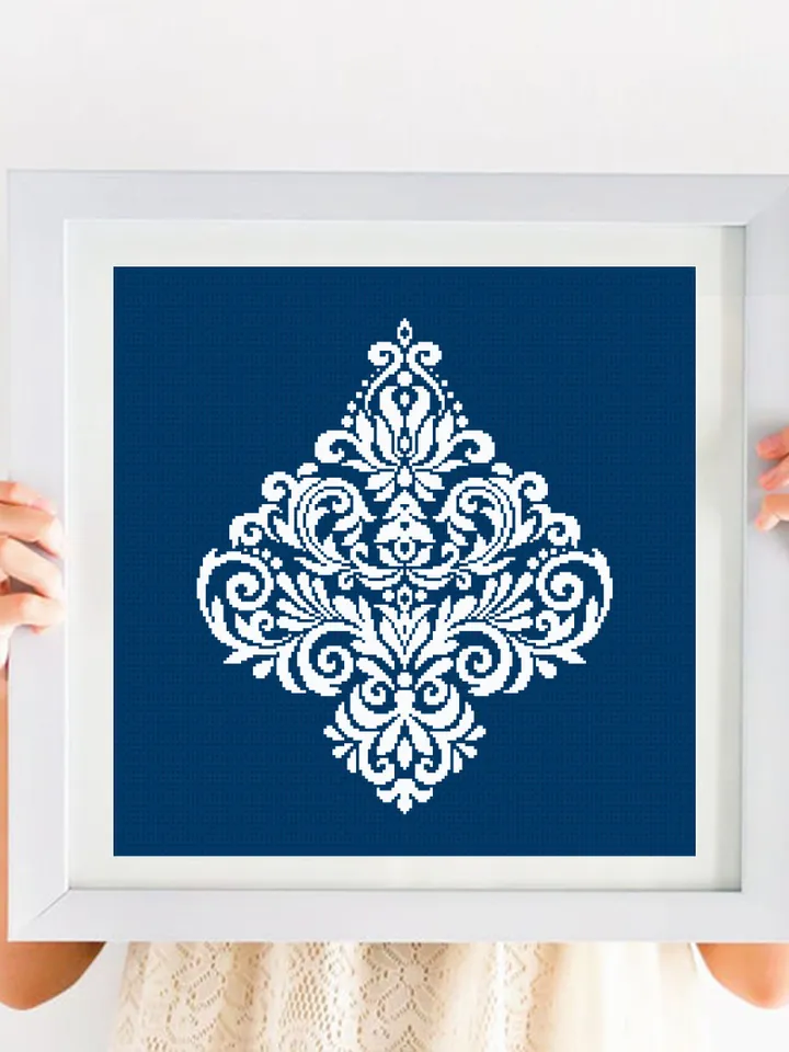 Floral damask ornament cross stitch pattern PDF download Flower mandala cross stitch chart, Floral scroll, Damask pattern digital PDF #M252