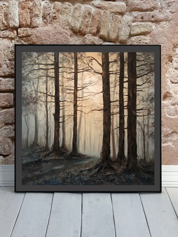 Forest Painting Original Foggy Forest Wall Art Landscape Artwork Canvas Misty Forest Painting