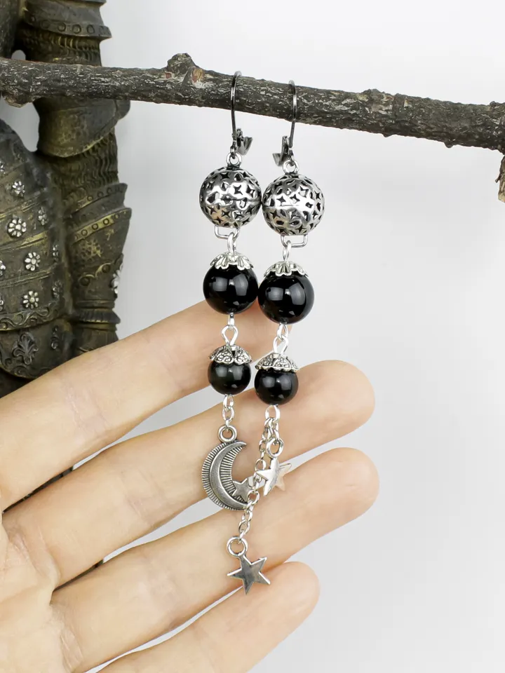 Star and moon necklace and earringsy | Boho Celestial Set | Obsidian Necklace | Vintage Moon Earrings | Unique Gift