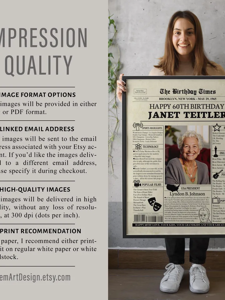 60th Birthday Newspaper Poster Born in 1965 Printable Decor Birthday Gift for Men or Women
