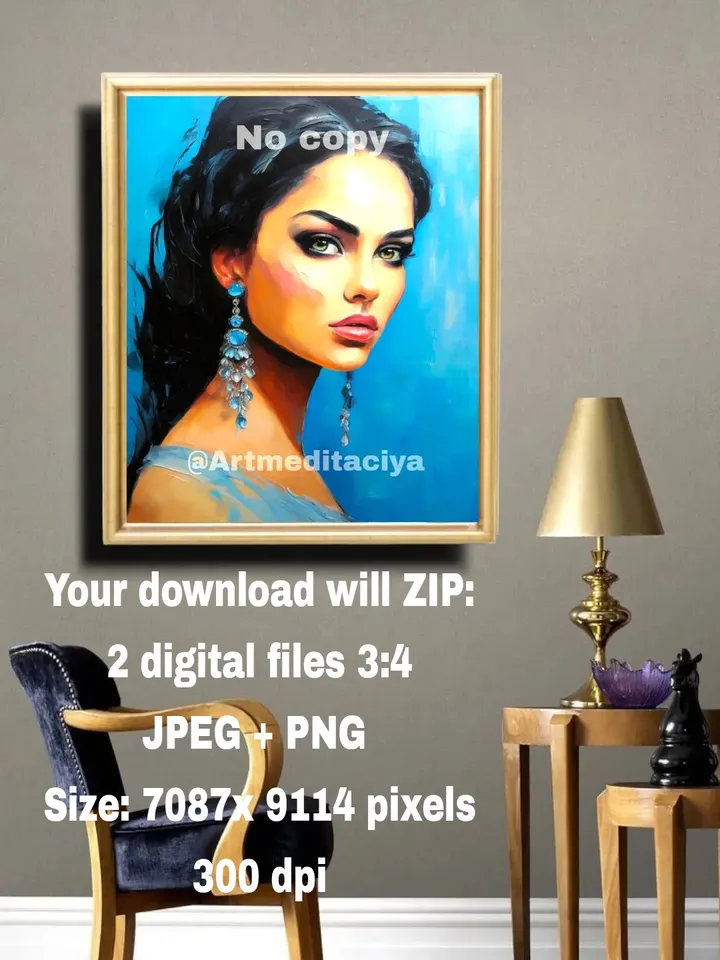 The digital abstract modern painting "Girl" in the style of oil painting on a blue background is a concise image of a beautiful brunette of European appearance with expressive green eyes and earrings with blue stones