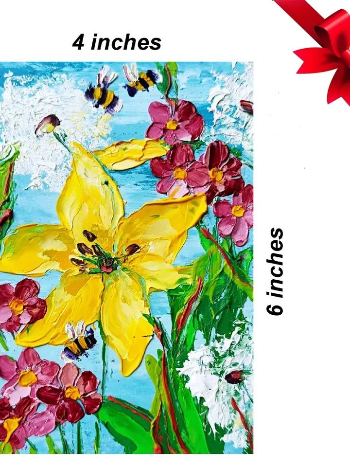 Honeybee Painting Dandelion Original Art 6x4 Floral Impasto Oil Painting Flowers Wall Art by ArtProkopaloSv