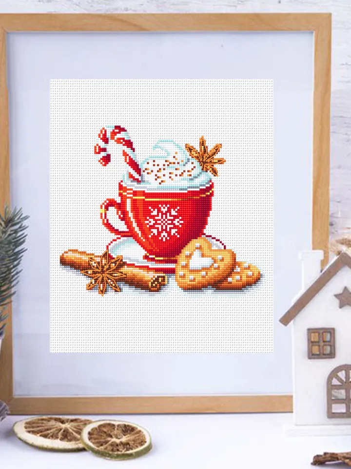 Christmas coffee cross stitch pattern download PDF, Christmas cross stitch chart, Winter holiday hand embroidery PDF, Coffee cup stitch #N58