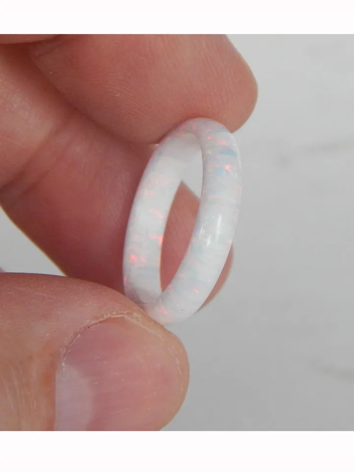 Snow ring. White opal wedding ring. Solid opal band. Synthetic opal ring.
