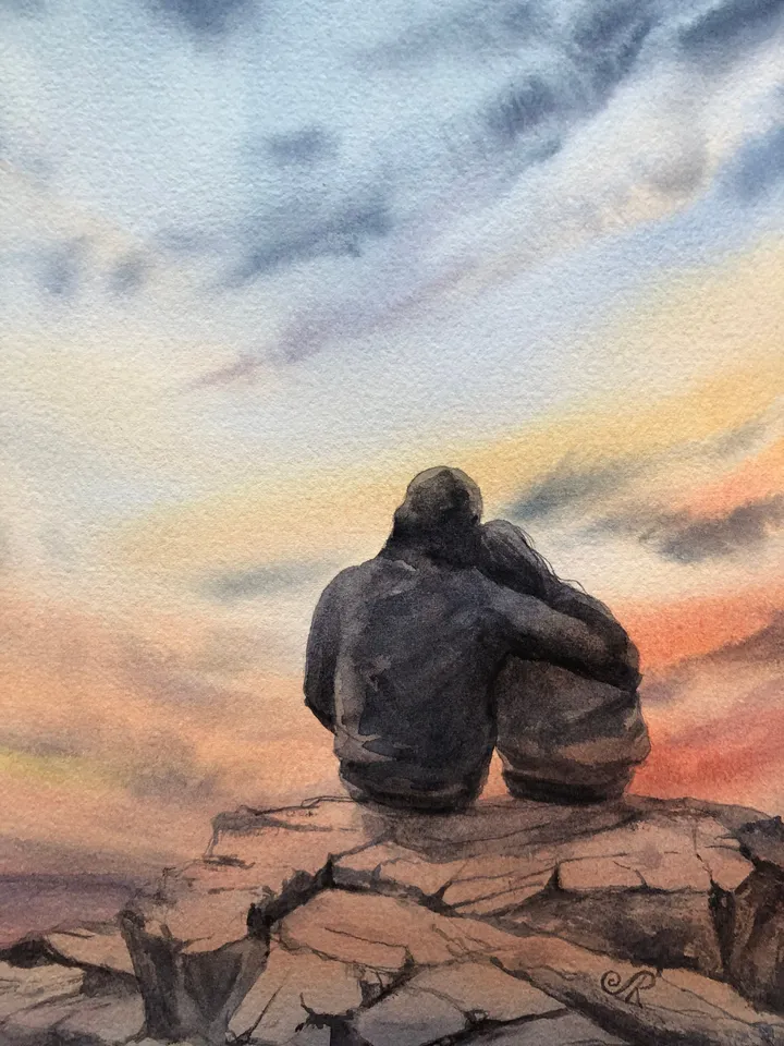 Sunset Original Seascape Painting Watercolor Romantic Painting Love Art