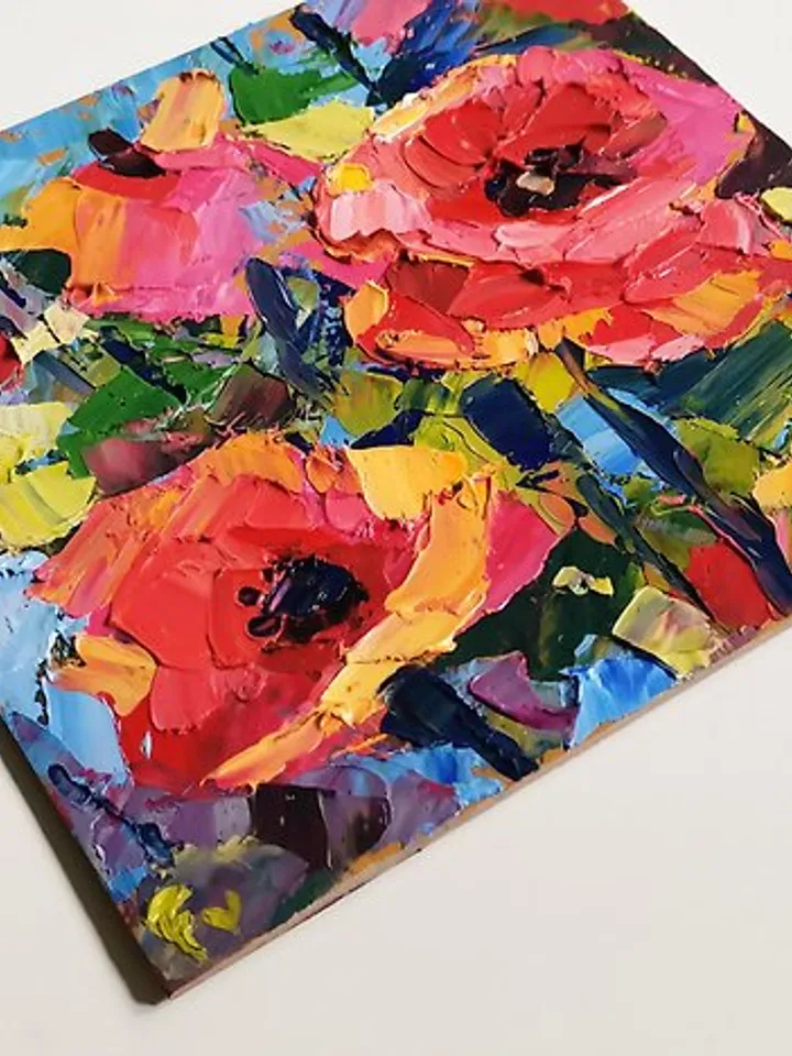 Poppy Painting Original Art Small Impasto Oil Painting Flower Verafe