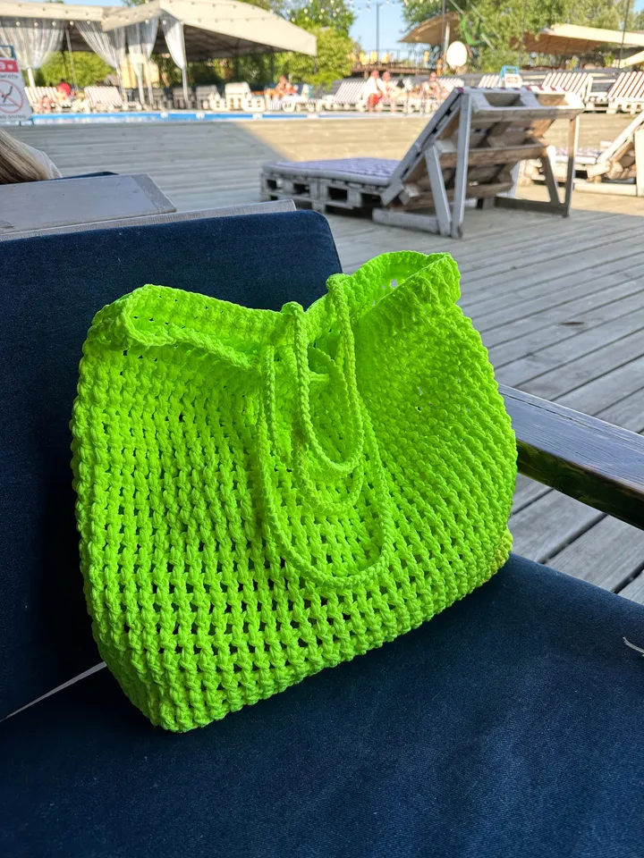 Women Bright Large Beach Net Bag With Polyester Cord in Lime Green, Tote Hippie, Boho Purse, Handbag, Mash Bag