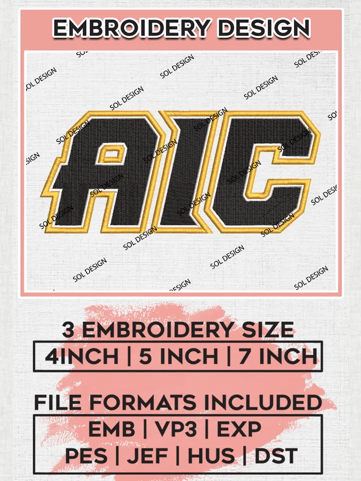 NCAA AIC Team Logo Embroidery Design Files, NCAA AIC Yellow Jackets Machine Embroidery, NCAA Teams, 3 sizes, NCAA Machine embroidery designs, Digital Download