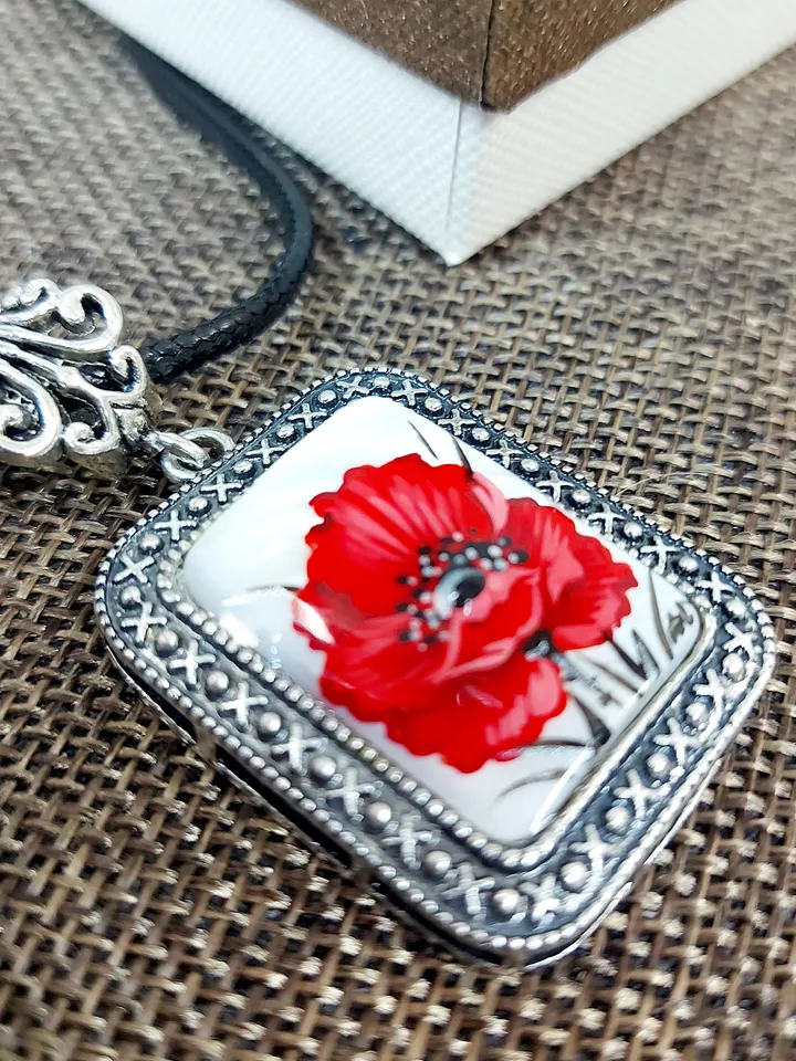 Pearl pendant necklace: Square pendant with big red poppy flower painted on shell • handmade Russian jewelry • unique trendy necklaces